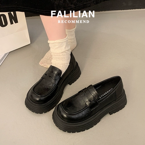 Обувь для кожаной обуви в английском стиле, осенняя универсальная черная подходит с юбкой, лоферы на платформе, в британском стиле