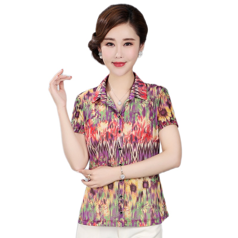 Bamboo Whisper Spring/Summer Short-Sleeve Fashionable T-Shirt for Middle-Aged and Elderly Women, Slimming Plus Size Elastic Taiwan Yarn Shirt for Plus-Size Moms Bamboo Whisper Spring/Summer Short-Sleeve Fashionable T-Shirt for Middle-Aged and Elderly Women, Slimming Plus Size Elastic Taiwan Yarn Shirt for Plus-Size Moms