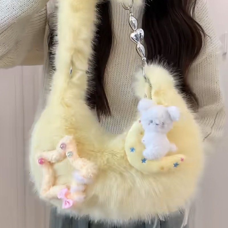 2023 Autumn and Winter New Korean Cute Girly Furry Bag Zipper Bag Large Capacity Rabbit Fur Crossbody Bag Shoulder Bag