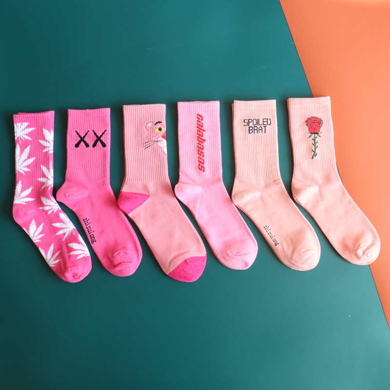 3/4 Pairs of Pink Mid-Calf Socks for Men and Women, Student Long Socks, Trendy Ins Style, Japanese and Korean Pink Street Hip-Hop Skateboard Sports Socks for Summer