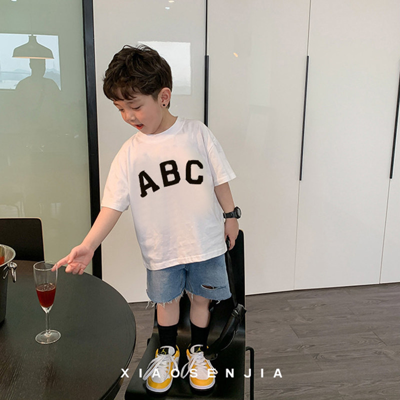 Parent-child summer dress family of three mouth four short sleeves boys and girls ABC letter T-shirt baby climbing dress mother and daughter dress foreign pie