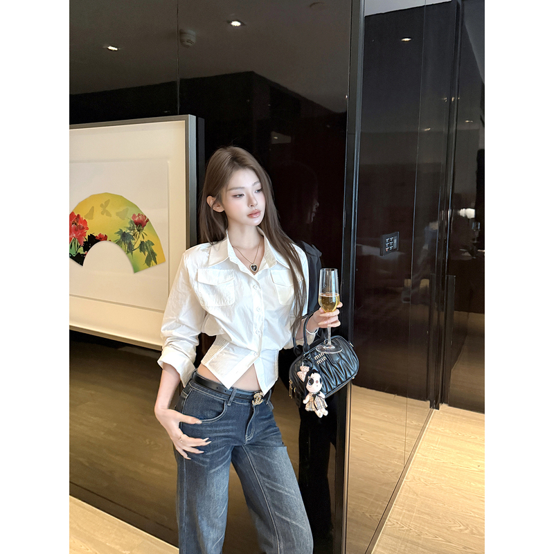 Itookgiii'Wind Rises Lightly' White Long-Sleeved Shirt for Women, Early Autumn, Waist-Cinching, Short Style, Suitable for Commuting