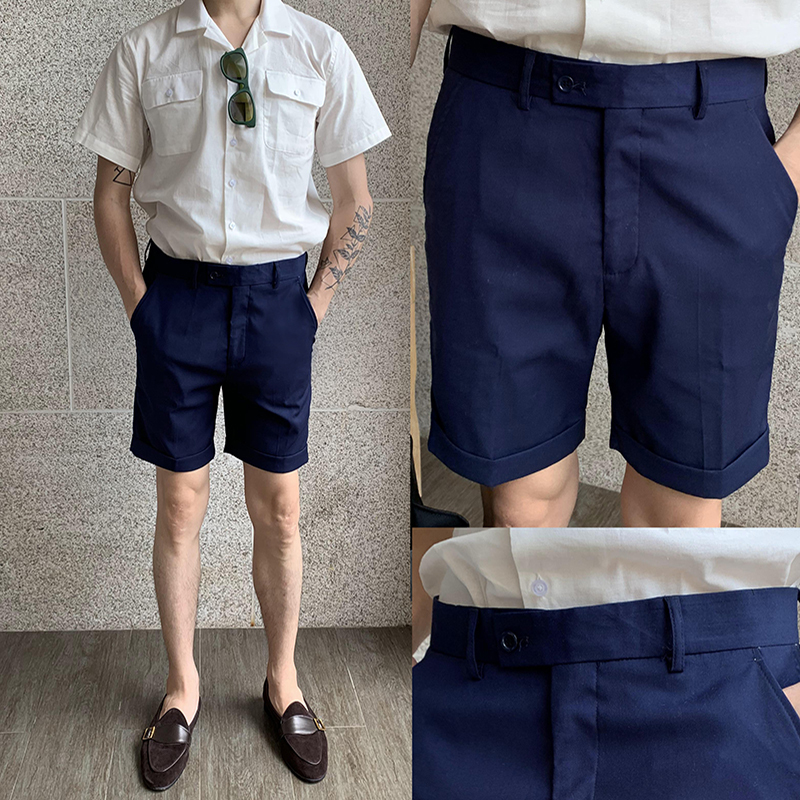 Gssu Original Summer Five-Point Shorts Gentleman Blue Shorts Casual Fabric Wrinkle-Resistant Slim Casual Shorts Chic Men