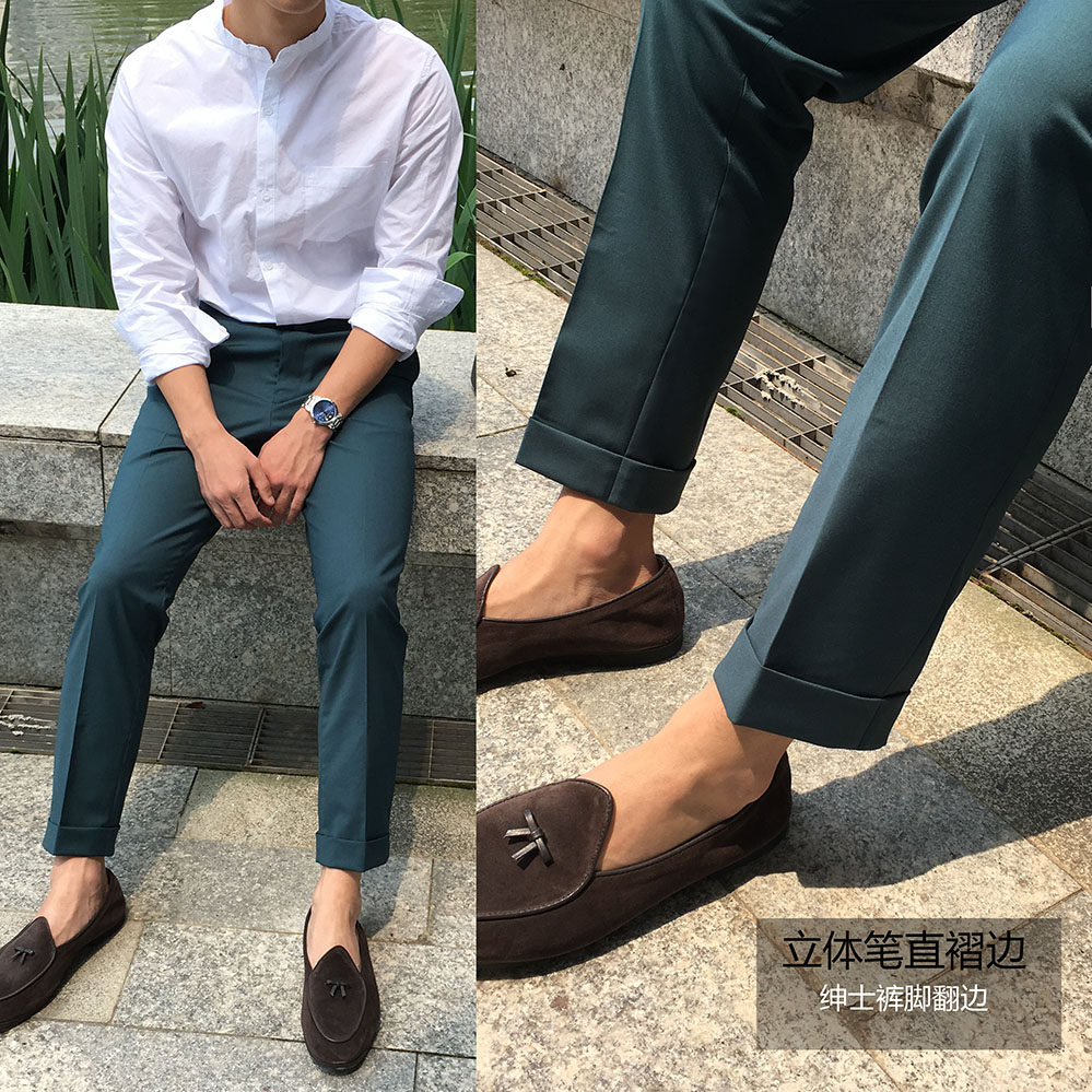 春秋欧美男士修身小脚纯色西裤 英伦长裤 街拍免烫立体剪裁9分