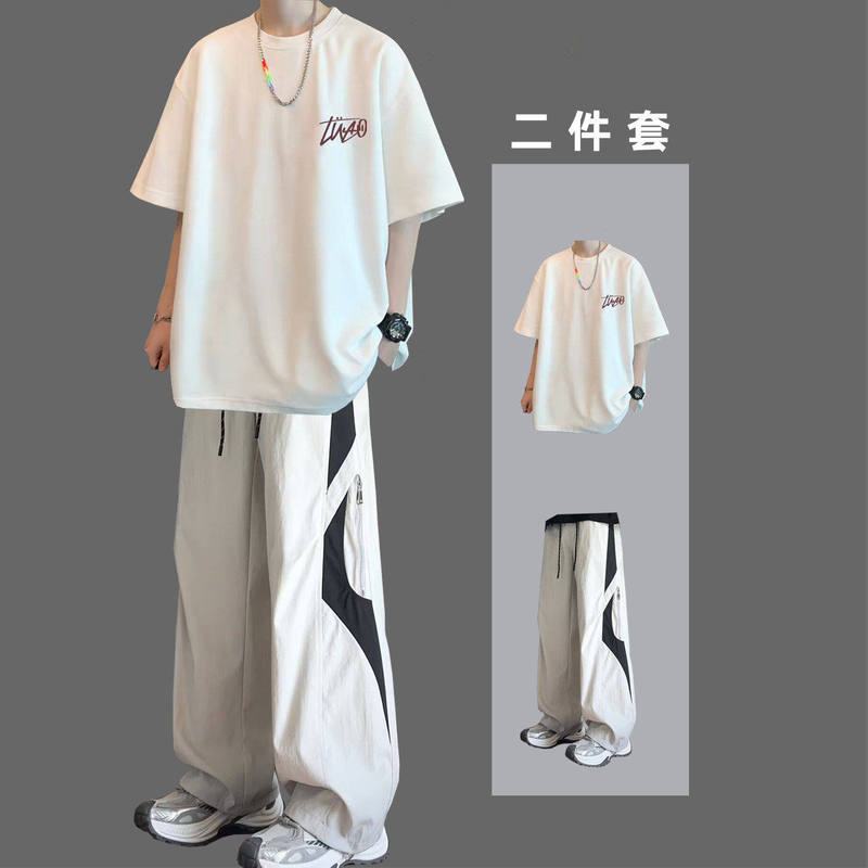 Hong Kong Style Short-Sleeved T-Shirt Men's Summer Casual Sports Suit for Teenagers, Handsome Students, Hong Kong Style Trendy Two-Piece Set Ins