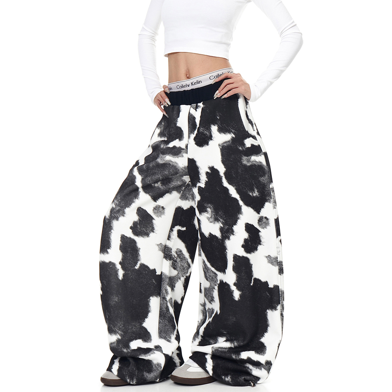 Blacklists American Retro Design Cow Print Scimitar Sweatpants Unisex Trendy Loose Wide-Leg Pants