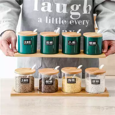 Ceramic seasoning box set kitchen household seasoning bottle jar glass condiment box salt jar chili jar chili jar combination with lid