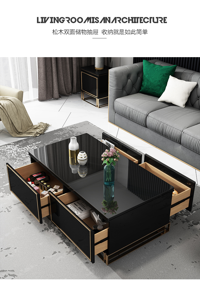 Phòng khách ánh sáng bàn trà sang trọng sau tủ tivi tối giản hiện đại kết hợp căn hộ nhỏ màu đen kính cường lực nội thất kim loại - Bàn trà bàn trà kính cường lực