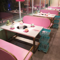 Hot pot restaurant table induction cooker integrated hotel round table string net red restaurant marble hot pot table and chair combination