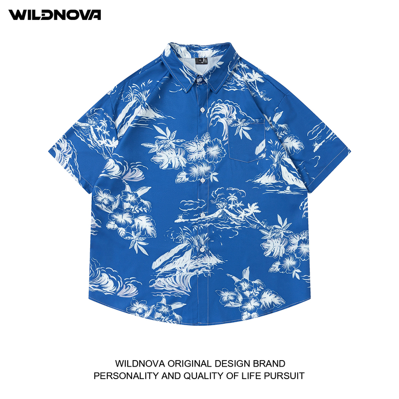 Wildnova Beach Vacation Style Coconut Tree Print Blue White-Enhancing Loose Short-Sleeved Shirt for Men and Women Hawaiian Shirt Wildnova Beach Vacation Style Coconut Tree Print Blue White-Enhancing Loose Short-Sleeved Shirt for Men and Women Hawaiian Shirt