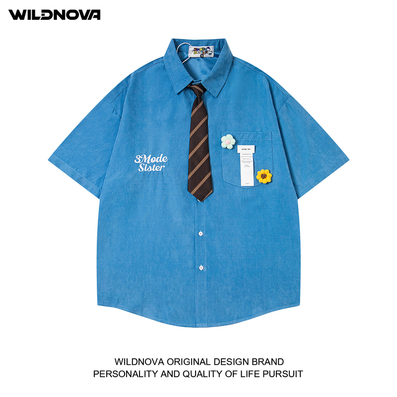 Wildnova Summer Dopamine College Style Short-Sleeved Tie Shirt for Men and Women Trendy Brand Loose Couple Half-Sleeved Shirt