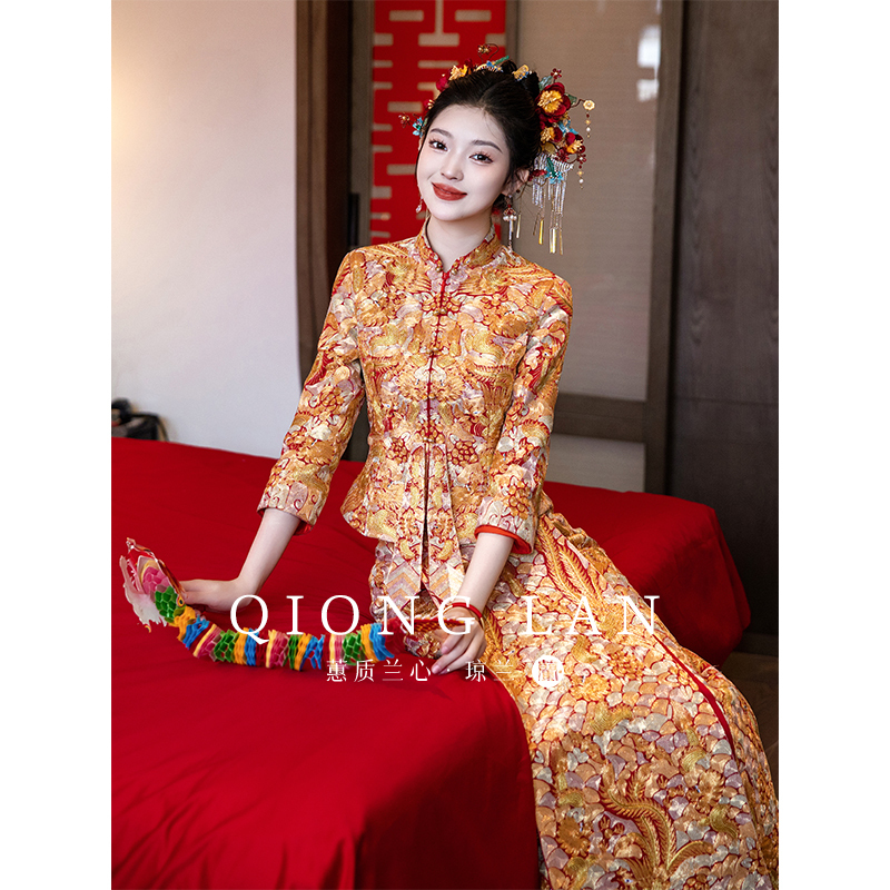 Qiong Lan Full Embroidery Gown, Royal Gold Dragon and Phoenix Gown, Xiuhe Suit, 2026 New Style, Petite Wedding Dress, Chinese Style Bridal Gown