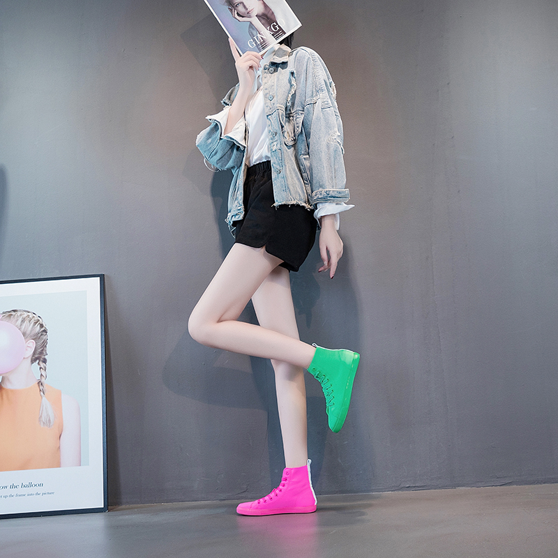2025 Summer Candy Pink High-Top Stretch Fabric New Casual Shoes Rose Red Flat Women's Canvas Shoes