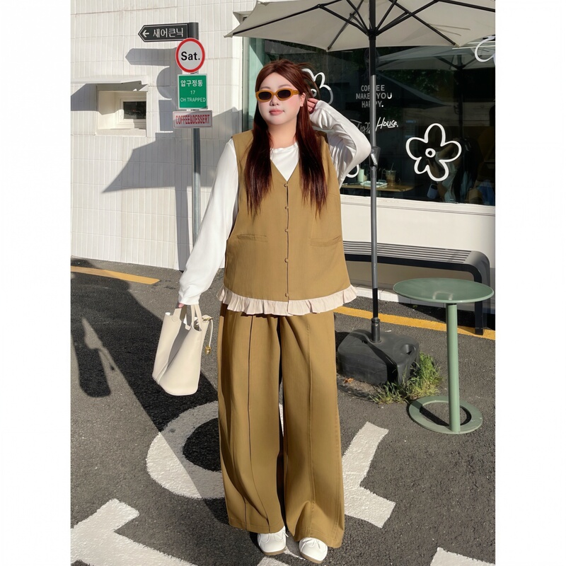 Floral Print Plus-Size Women's Autumn Design Casual Vest and High-Waisted Straight-Leg Pants Two-Piece Set Trendy 4437C