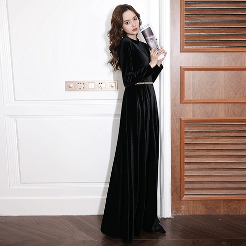 Черное цветное элитное вечернее платье, юбка, длинный элегантный бархатный лонгслив, длина макси