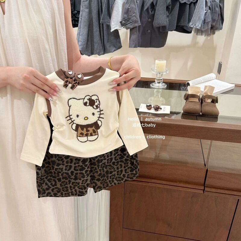 Girls' Spring Outfit 2026 New Style Kitten Embroidery Long-Sleeved Casual Stylish Leopard Print Pants Two-Piece Set for Baby Girls