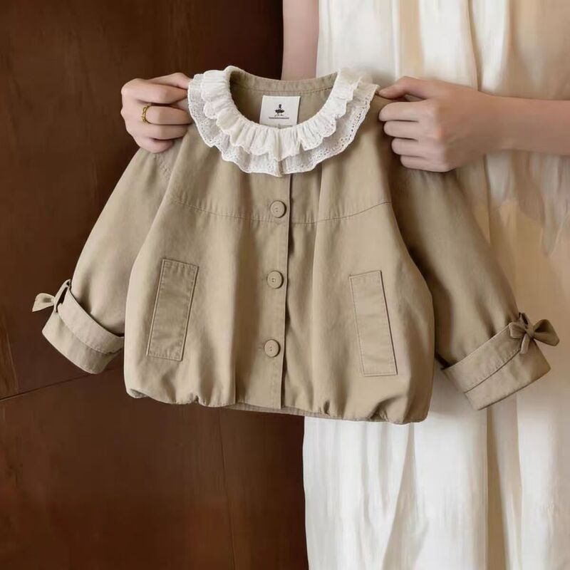 Girls' Lace Doll Collar Button-Up Trench Coat 2026 Spring and Autumn New Casual Children's Sweet Style Coat Girls' Lace Doll Collar Button-Up Trench Coat 2026 Spring and Autumn New Casual Children's Sweet Style Coat