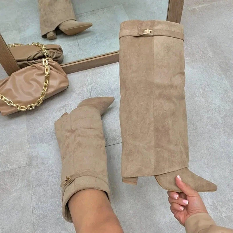 Cross-Border Trade Women's Boots with Pointed Toe, Large Shaft, Straight Shaft, Metal Buckle, Mid-Calf Boots, Large Size, Chunky Heel, Trouser-Leg Boots, Women's Boots Cross-Border Trade Women's Boots with Pointed Toe, Large Shaft, Straight Shaft, Metal Buckle, Mid-Calf Boots, Large Size, Chunky Heel, Trouser-Leg Boots, Women's Boots