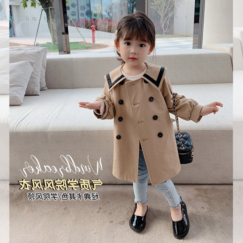 2022 Spring Dress New Girl Coats Foreign Pie Trendy Children Yinglun Wind Medium Long Version Of Wind Clothing Child Bottling Tide