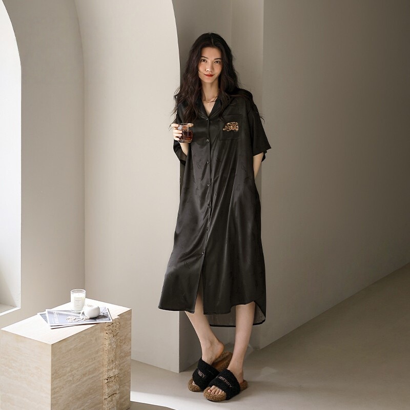 Victoria Silk Nightgown Women's Sleepwear Mulberry Silk Long Style High-End Cardigan Thin Large Size Casual Can Be Worn Outside