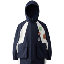MQD childrens clothing boys outdoor windbreaker 2024 autumn new polar fleece hooded contrast color childrens windbreaker jacket trendy