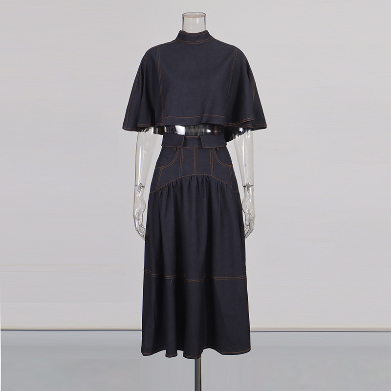 Designer Style High-End Elegant Cape-Style Stand-Up Collar Denim Top + High-Waisted Skirt Two-Piece Suit for Women Trendy Designer Style High-End Elegant Cape-Style Stand-Up Collar Denim Top + High-Waisted Skirt Two-Piece Suit for Women Trendy