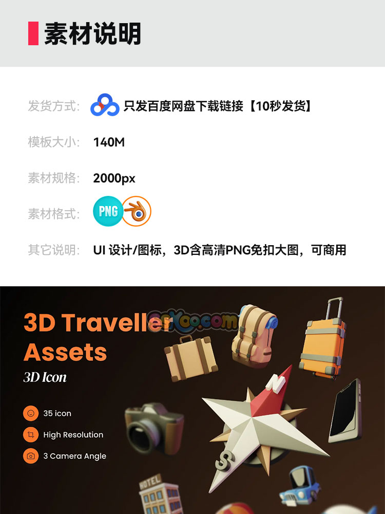 3D立体旅行探险指南针行李箱飞机模型APP网页PNG免扣图片设计素材插图1