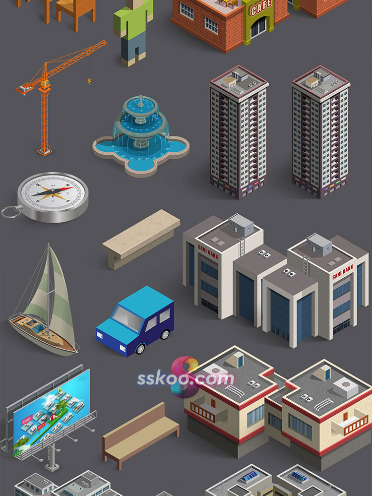 2.5D等距建筑公路人物树木动物定位场景3D立体插画PSD设计PS素材插图16