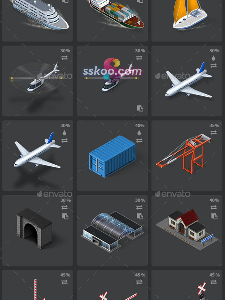 2.5D等距建筑公路人物树木动物定位场景3D立体插画PSD设计PS素材插图5