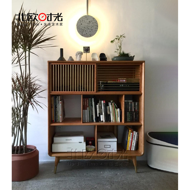 北欧实木落地矮书柜原木展示边柜陈列书架书房收纳组合置物玄关柜