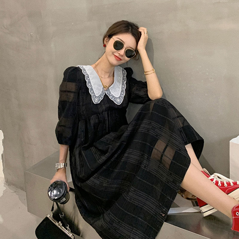 2022 summer women's new French retro cover the flesh and show thin lace lapel black dress fashion doll skirt