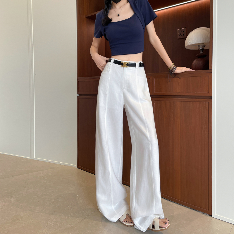 White Tencel Linen Pants for Women, Summer Thin Style, 2026 New Model, Old Money Style, Lazy Casual Suit, Scimitar Wide-Leg Pants