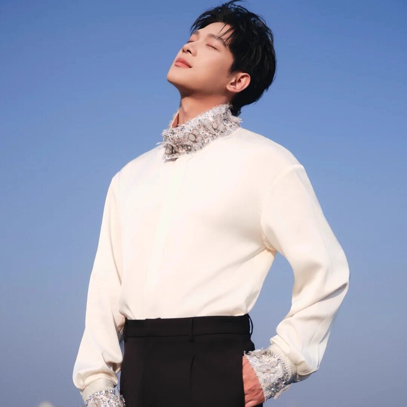Zhang Jiongmin Celebrity-Style White Stand-Up Collar Shirt for Men, Handmade Butterfly Diamond-Studded Design, Elegant Luxury Shirt for Banquets