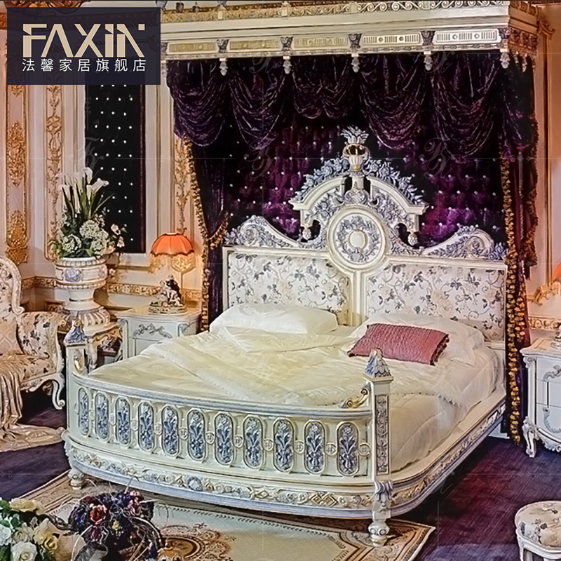 Italian French court solid wood double bed European luxury painted princess bed villa bedroom carved wedding bed