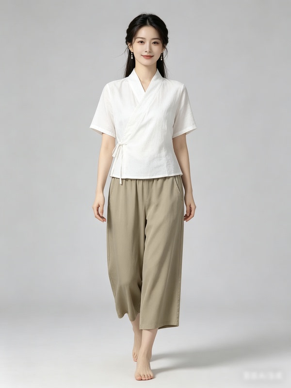 Khaki 100% Tencel Wide-Leg Pants, Cropped Women's Pants, High-Waisted, Loose, Skin-Friendly, Drapey, Breathable, Elastic, Comfortable, Summer Style