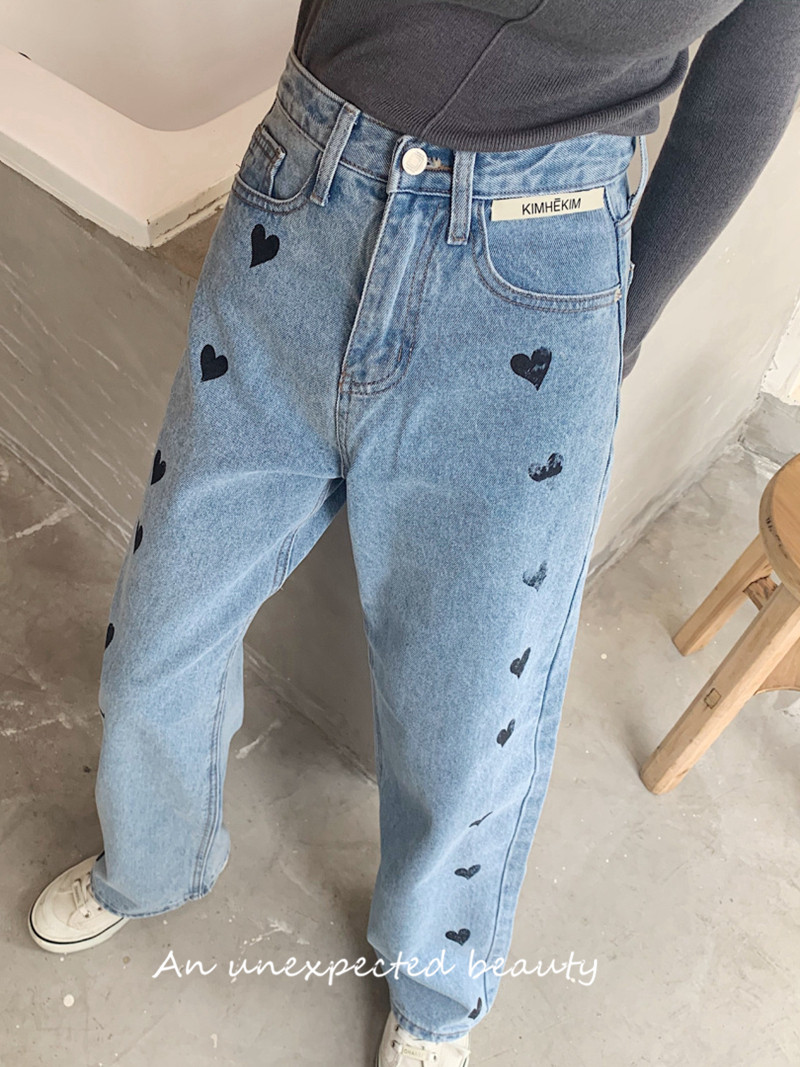 Kimhekim love jeans straight heart series high waist wide leg trousers autumn and winter new