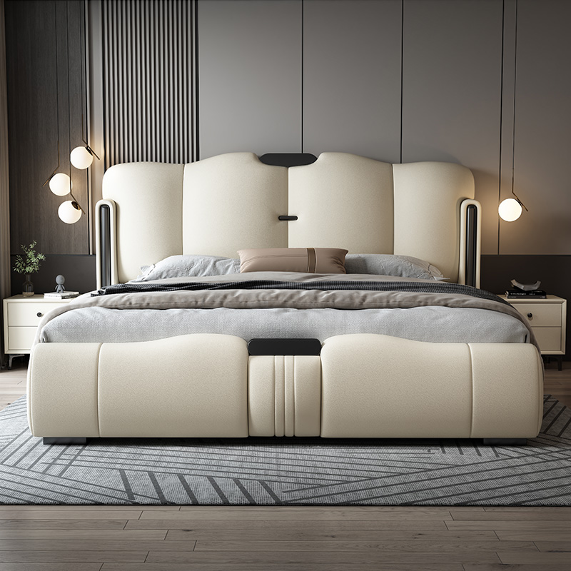 Light extravagant genuine leather bed modern minimalist master bedroom 1 8 m double bed 2 m large bed storage high-end willy-style soft bag wedding bed-Taobao