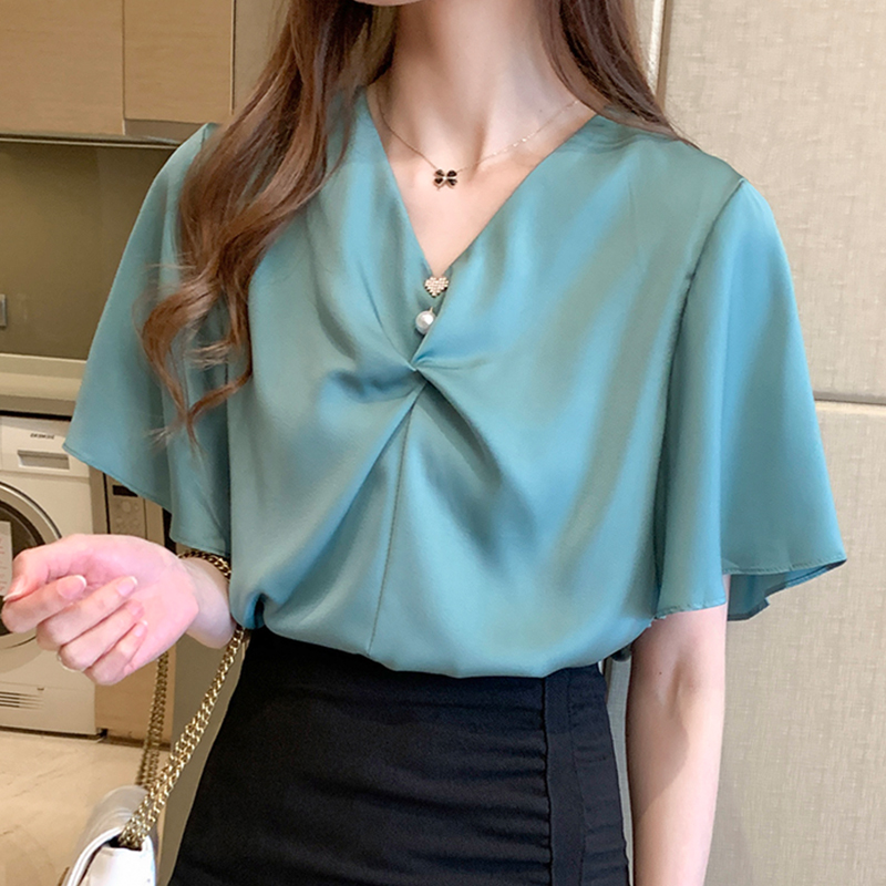 Phụ nữ mùa hè 2020 mới của Hàn Quốc phiên bản của V-cổ ý nghĩa thiết kế ngắn tay áo thun voan lỏng mỏng áo thun đầu triều