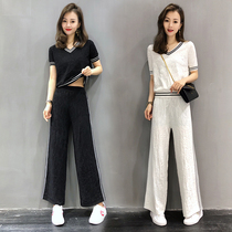 Casual Broadlegged Pants Suit Womens Summer 2022 New Ocean Lady Fashion Ice Silk Knit Sportswear Two Sets