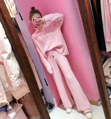 European station 2020 winter new thickened turtleneck pink sweater suit women's knitted suit two-piece wide-leg pants