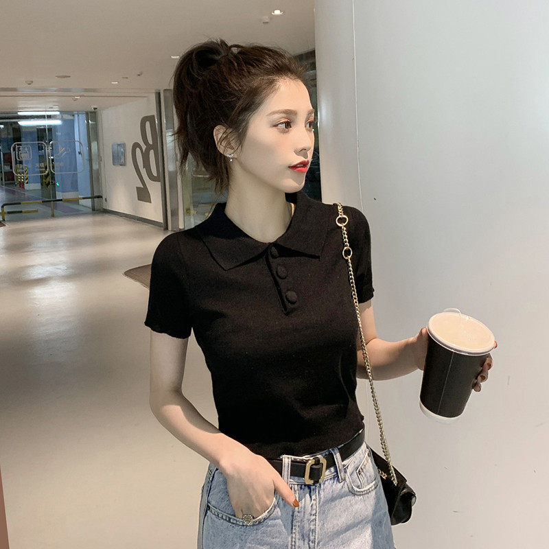 2022 summer new Korean version of the Polo collar short-sleeved knitted shirt for female students chic slim casual top