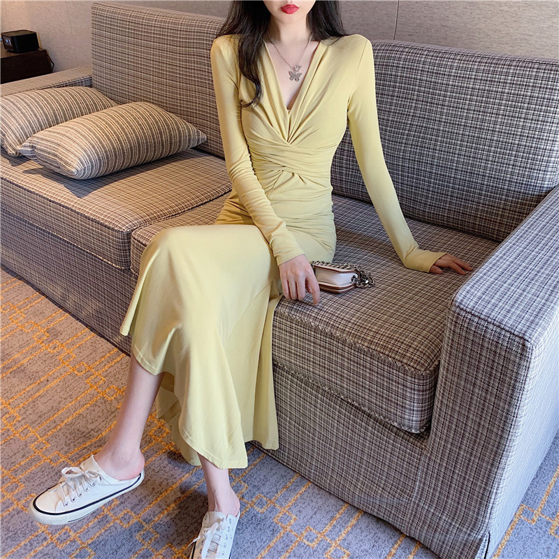 Autumn Winter New Close-up Waist Display Slim Fit Woman Sensation Long Sleeves Slim Fit Skirt Inside Lap High Waist Fish Tail Long Dress