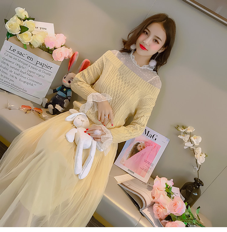 2022 new tide women's clothing autumn clothing Han version net yarn parquet hoodie sweatshirt sling foreign dress Fashion Suit Dress