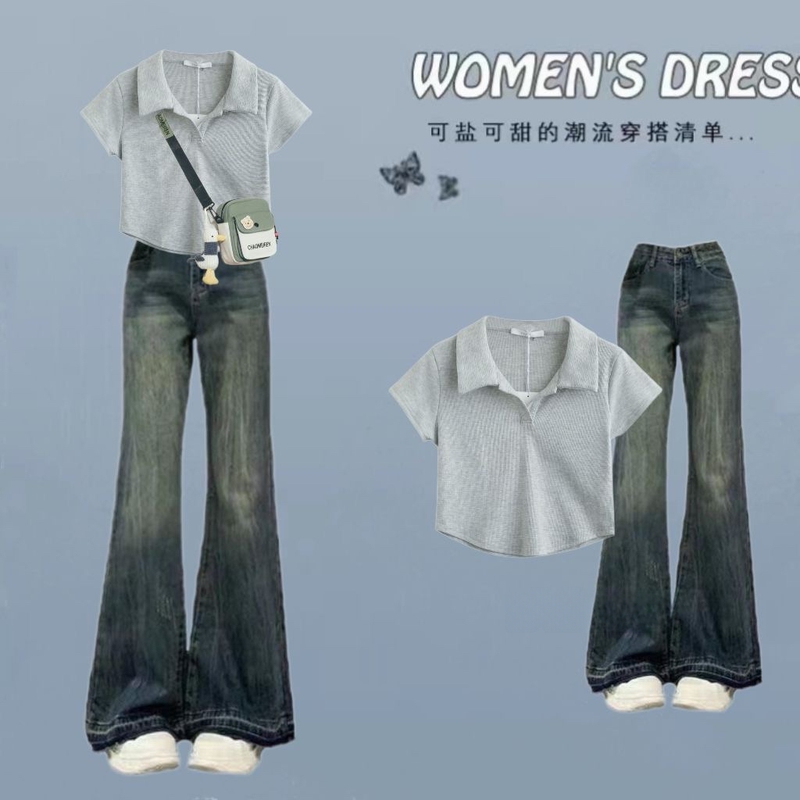 Salt-Style Fashion Outfit: a Complete Set of Summer Clothes for Girls, Sweet and Cool Short T-Shirt, Two-Piece Set with Jeans for Middle School Students, Trendy