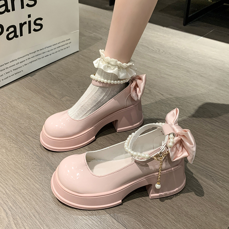 French-Style Pearl Buckle Single Shoes for Women 2026 New High-Heeled Shoes with Chunky Heels, Pink Mary Jane Shoes, Thick-Soled Small Leather Shoes French-Style Pearl Buckle Single Shoes for Women 2026 New High-Heeled Shoes with Chunky Heels, Pink Mary Jane Shoes, Thick-Soled Small Leather Shoes