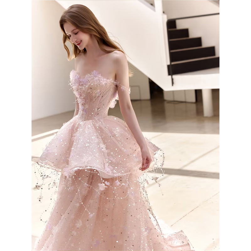 Pink Heavy-Duty Custom Engagement Evening Dress, High-End Luxury Niche, Stunning for 18Th Birthday, Coming-Of-Age Ceremony, Princess Party