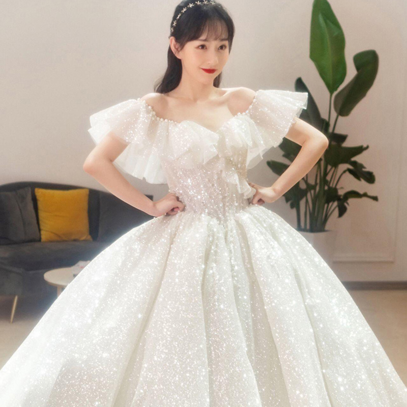 Bride main wedding dress 2021 new small man one-shoulder high-grade texture large size drag tail court style out of the yarn light