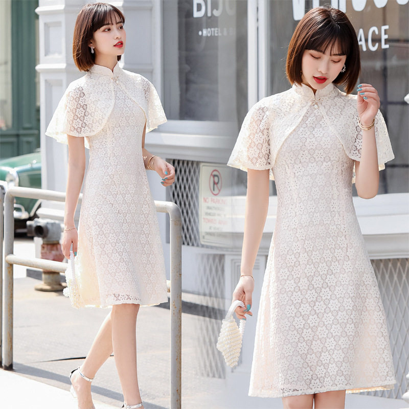2020 spring new slim young girl lace fashion cheongsam improved version of daily fake two-piece shawl cheongsam