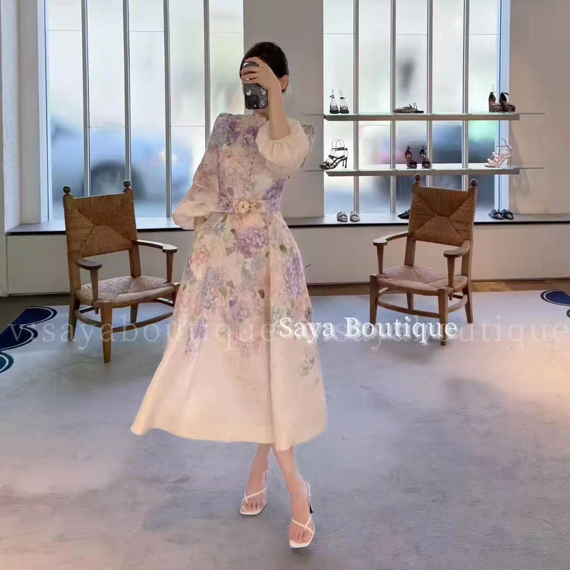 Zim's High-End 2026 New Multi-Color Hydrangea Print Lantern Sleeve Small Stand Collar Ladylike Mid-Length Dress for Women