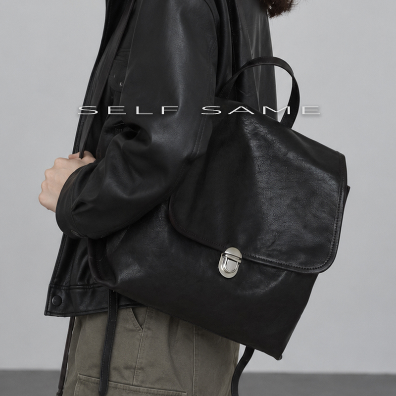 Selfsame Black Vegetable-Tanned Leather Backpack, Large-Capacity Travel Carry-On Backpack with Vintage Silver Buckle for Commuting Selfsame Black Vegetable-Tanned Leather Backpack, Large-Capacity Travel Carry-On Backpack with Vintage Silver Buckle for Commuting